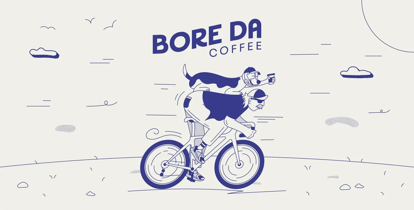Illustration of Gus cycling with a coffee