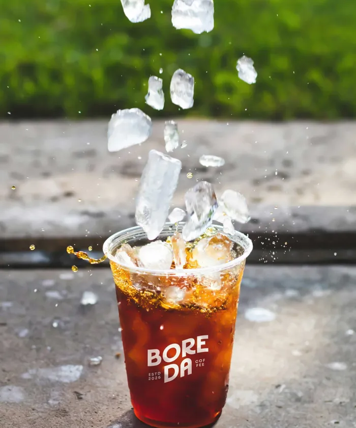 Iced coffee in a Bore Da cup